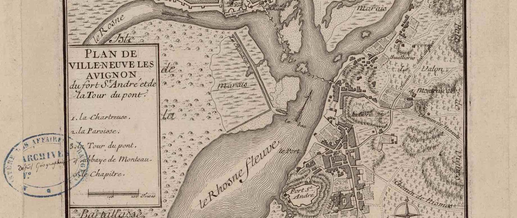 Plan de Villeneuve lez Avignon du fort Saint Andre et de la tour du pont Source gallica.bnf.fr BnF