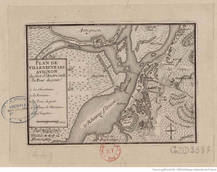 Plan de Villeneuve lez Avignon du fort Saint Andre et de la tour du pont Source gallica.bnf.fr BnF