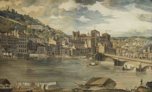 Ecole Française XIXe siecle Vue de la cathedrale Saint Jean de Lyon et les quais de la Saone plume et encre noire sur papier 57 5 92 cm © Tomaselli Collection